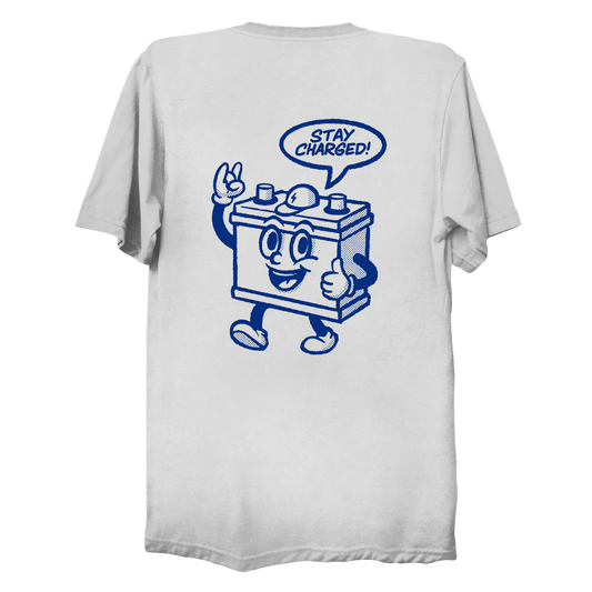 BUBBA THE BATTERY TEE: WHITE/BLUE